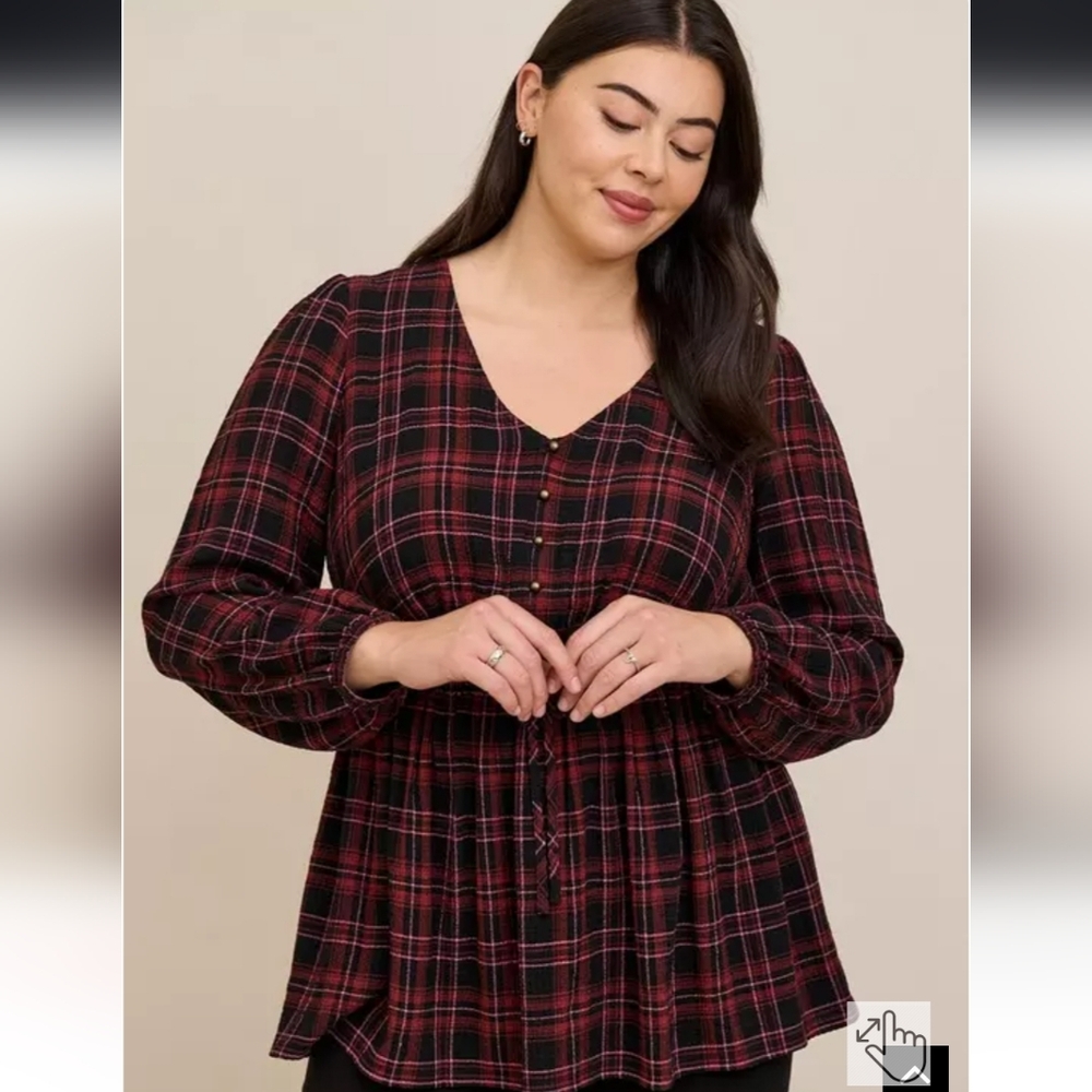 Torrid Babydoll Crinkle Flannel Gauze Smocked Tie Waist Top 3x